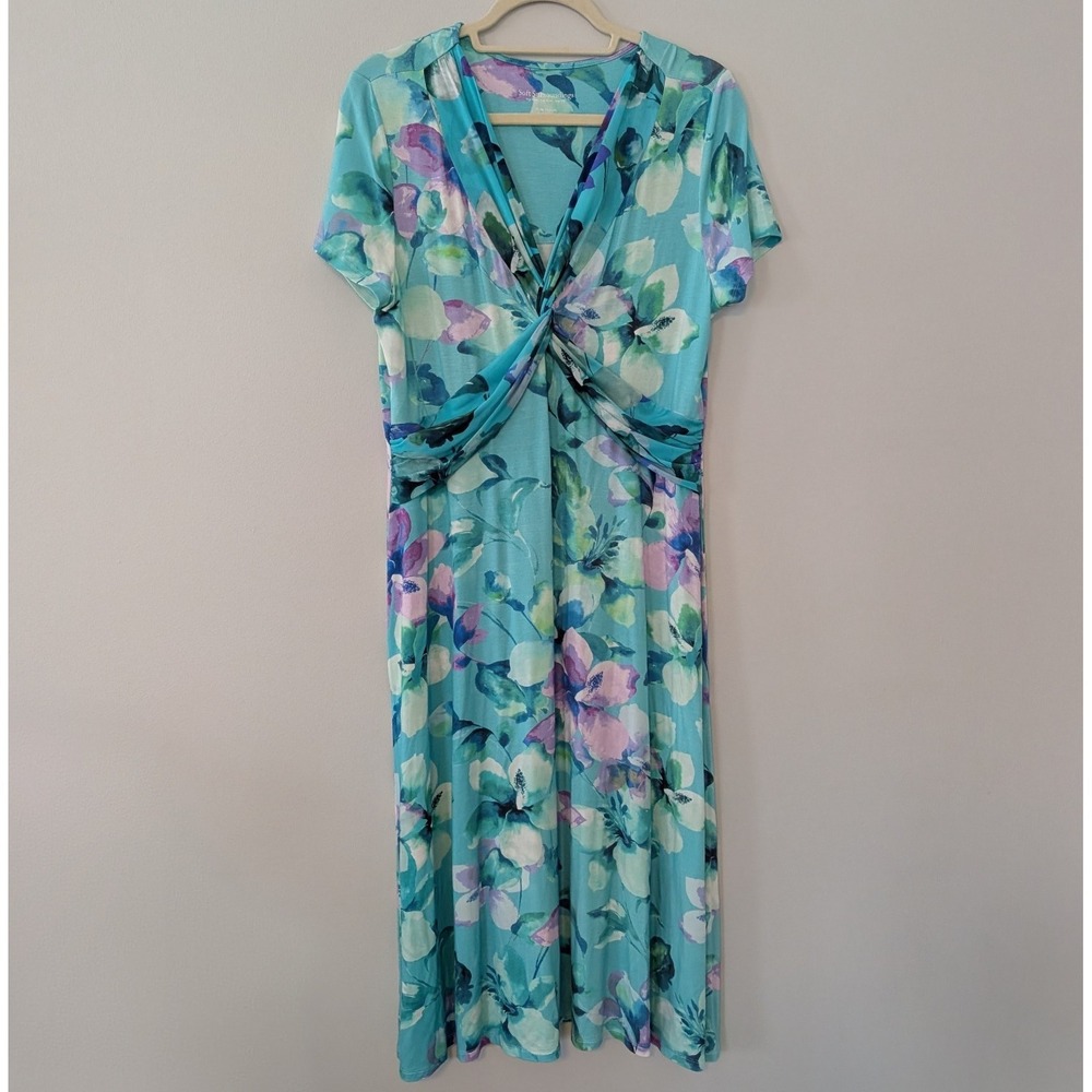 Soft‎ Surroundings Floral Midi Dress MED PET Coastal Beachy Tropical Stretchy